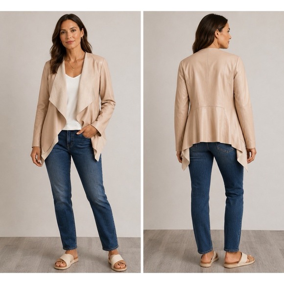 Halogen Jackets & Blazers - Halogen Womens Blush Beige Faux Leather Draped Open Front Waterfall Jacket 1X